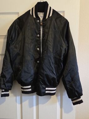 70s Vintage Black Satin Varsity Bomber Jacket with White Stripes